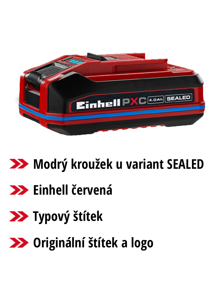Baterie Einhell Power X-Change SEALEAD s modrým kroužkem, typovým štítkem a originálním brandingem v přehledové grafice.