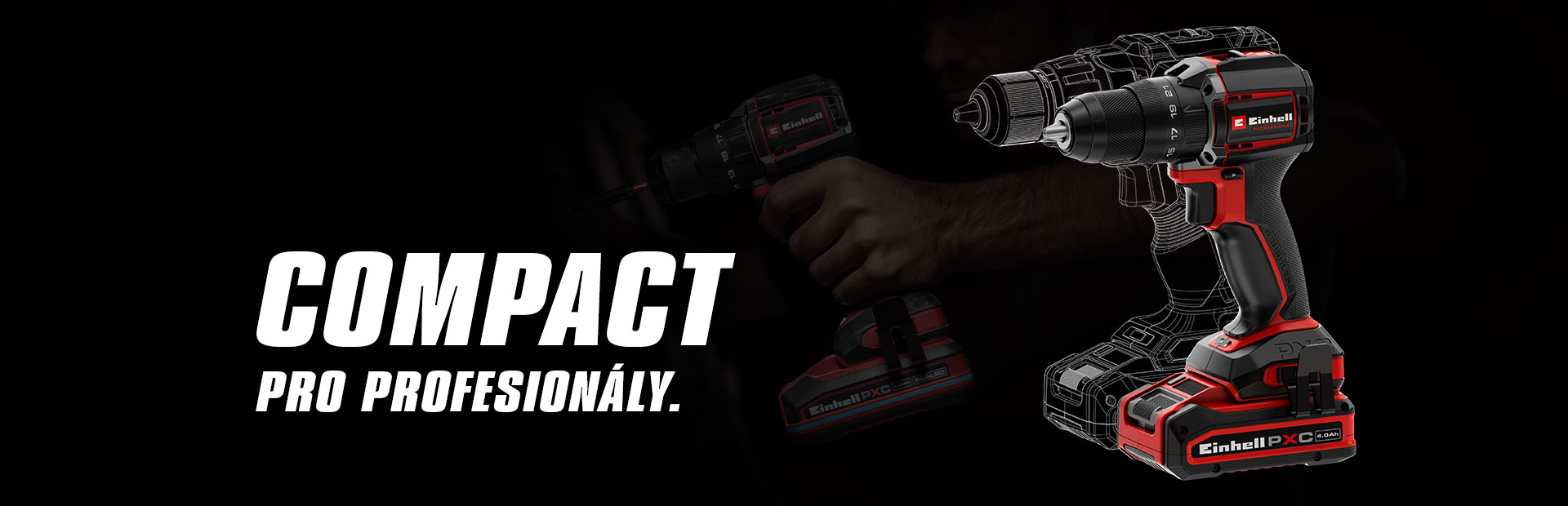Akumulátorová vrtačka na černém pozadí, vedle nápisu „COMPACT PRO PROFESIONÁLY“.