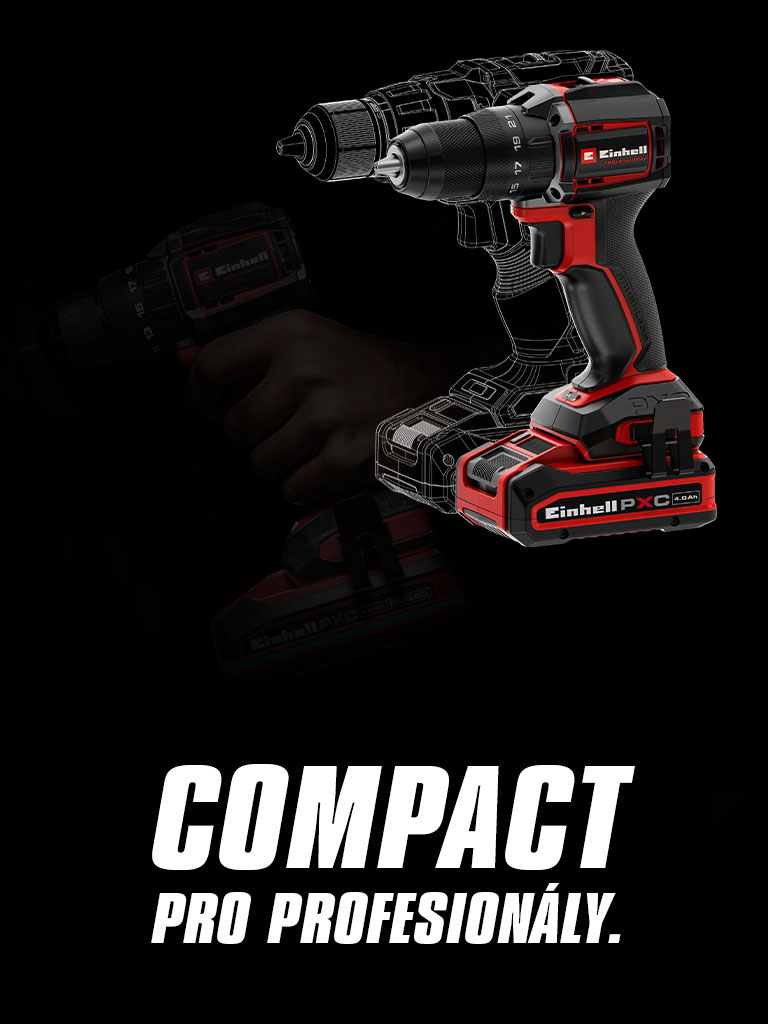 Akumulátorová vrtačka na černém pozadí, vedle nápisu „COMPACT PRO PROFESIONÁLY“.