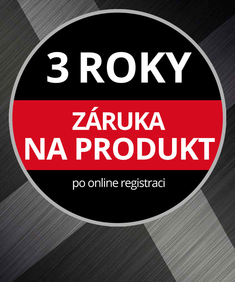Kulaté logo záruky s textem “3letá záruka na výrobek, po registraci online„ na šedém pozadí.