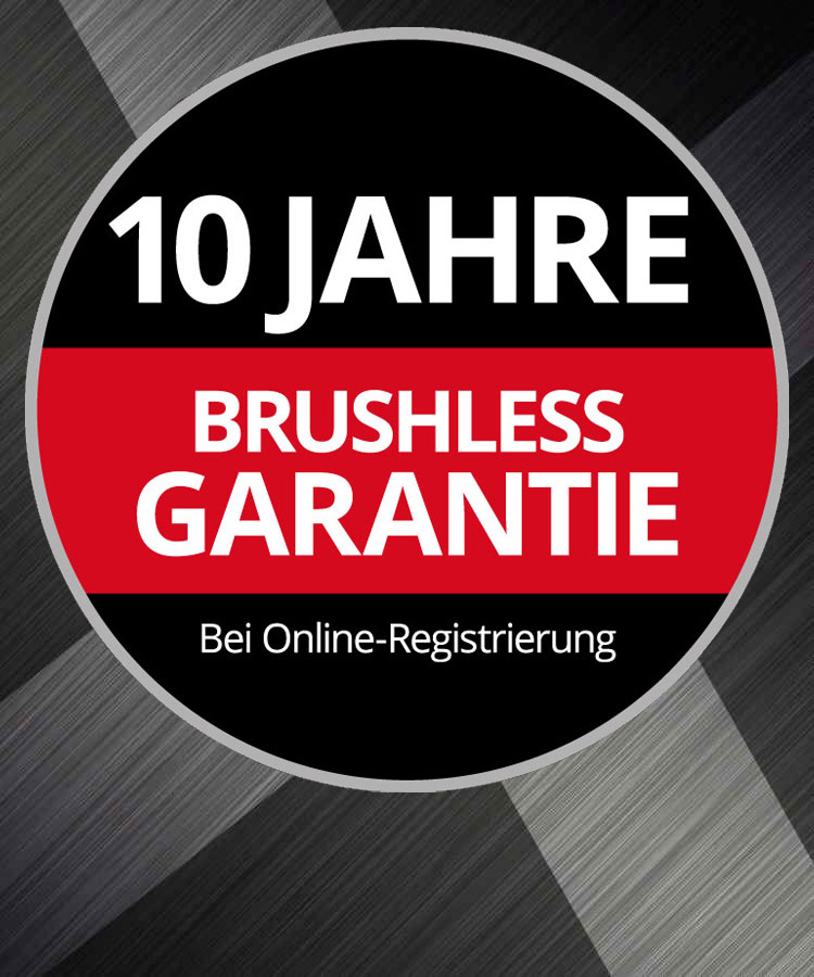 Rundes Garantielogo mit dem Text „10 Jahre Brushless Garantie, bei Online-Registrierung“ auf grauem Hintergrund.