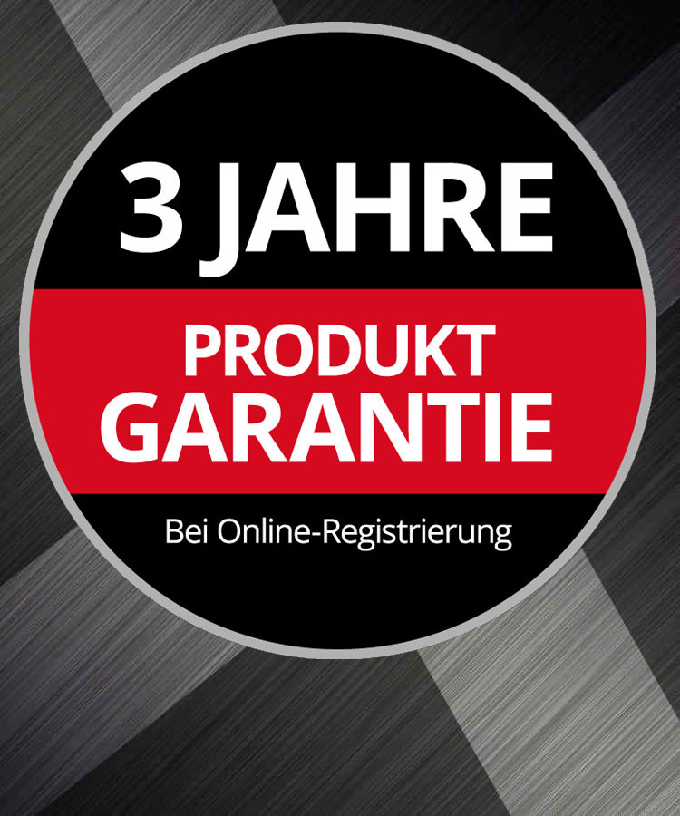 Rundes Garantielogo mit dem Text „3 Jahre Produktgarantie, bei Online-Registrierung“ auf grauem Hintergrund.