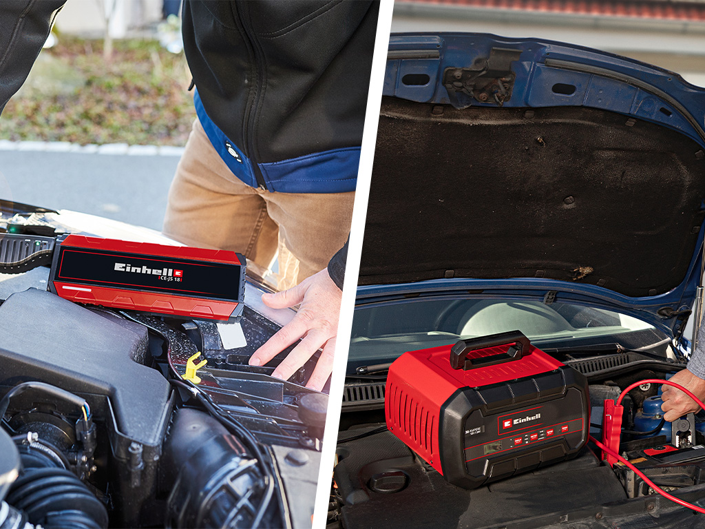 A man charges a car battery