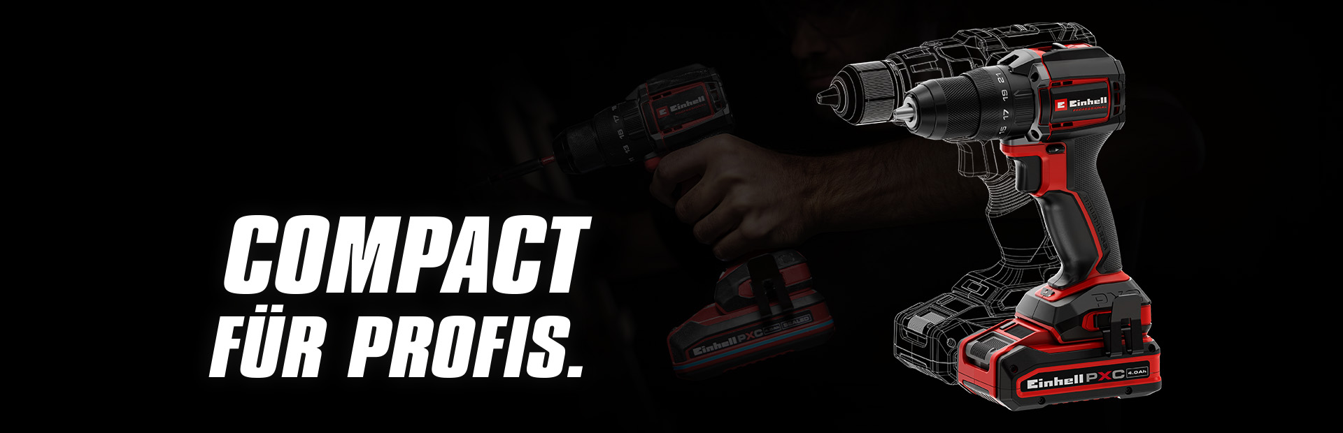 Cordless drill with battery on black background, next to text “COMPACT FÜR PROFIS.”