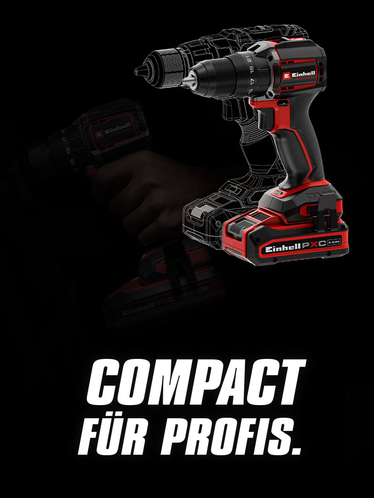 Cordless drill with battery on black background, next to text “COMPACT FÜR PROFIS.”