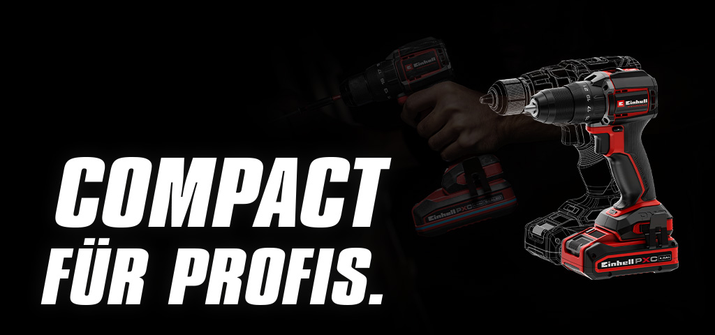 Cordless drill with battery on black background, next to text “COMPACT FÜR PROFIS.”