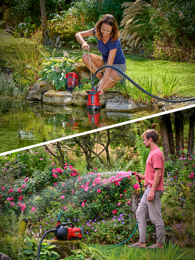 Nahoře žena používá akumulátorové vodní čerpadlo Einhell k čerpání vody z rybníka. Dole muž zalévá květiny v rozkvetlé zahradě pomocí zahradního čerpadla Einhell.