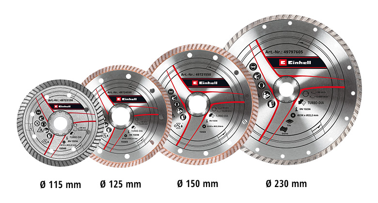 Vier Einhell-Diamantscheiben in verschiedenen Durchmessern von 115 mm bis 230 mm.