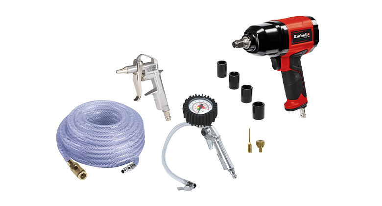 Einhell-Druckluftset mit Schlagschrauber, Blaspistole, Schlauch und Reifenfüllmesser.