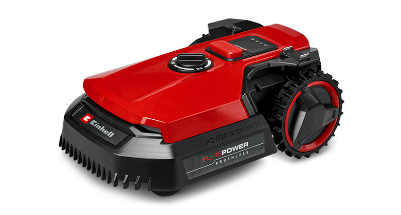 Der Einhell-Rasenmähroboter FREELEXO 500 in Rot mit schwarzen Akzenten, großen Rädern und einem eleganten, modernen Design.