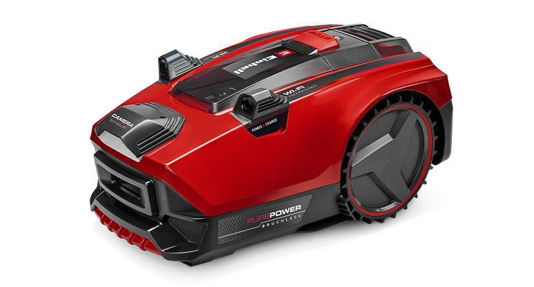 Der Einhell-Rasenmähroboter FREELEXO CAM PLUS 600 in Rot, mit großen Rädern, Kamerasensoren und der Aufschrift „Pure Power Brushless“.